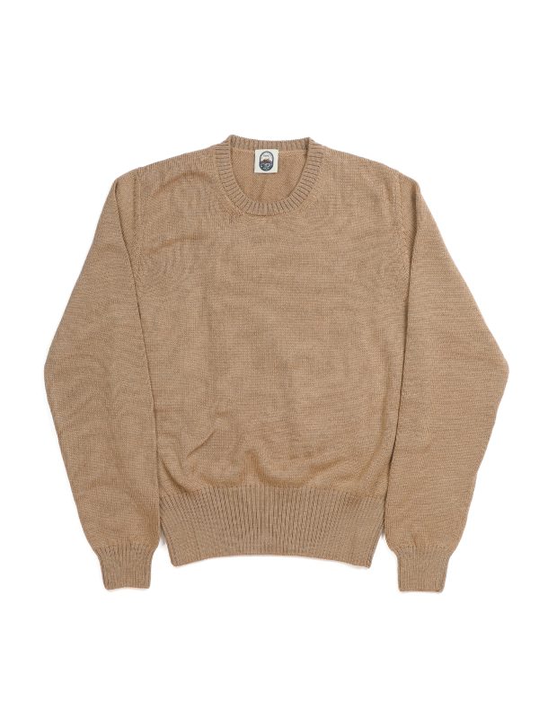 Front view of the NR NAPOLI CIRO caramel Cashwool crewneck with half English rib knitting, long sleeves and a wide ribbed hem.