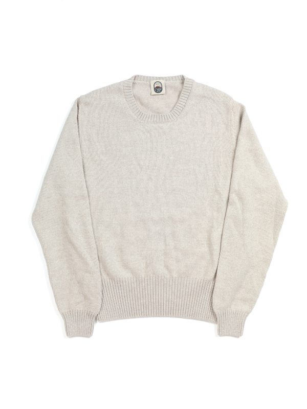Front view of the NR NAPOLI CIRO greige Cashwool crewneck with half English rib knitting, long sleeves and a wide ribbed hem.