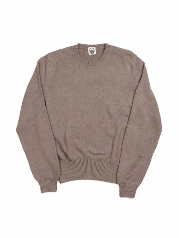 Front view of the NR NAPOLI CIRO taupe Cashwool crewneck with half English rib knitting, long sleeves and a wide ribbed hem.
