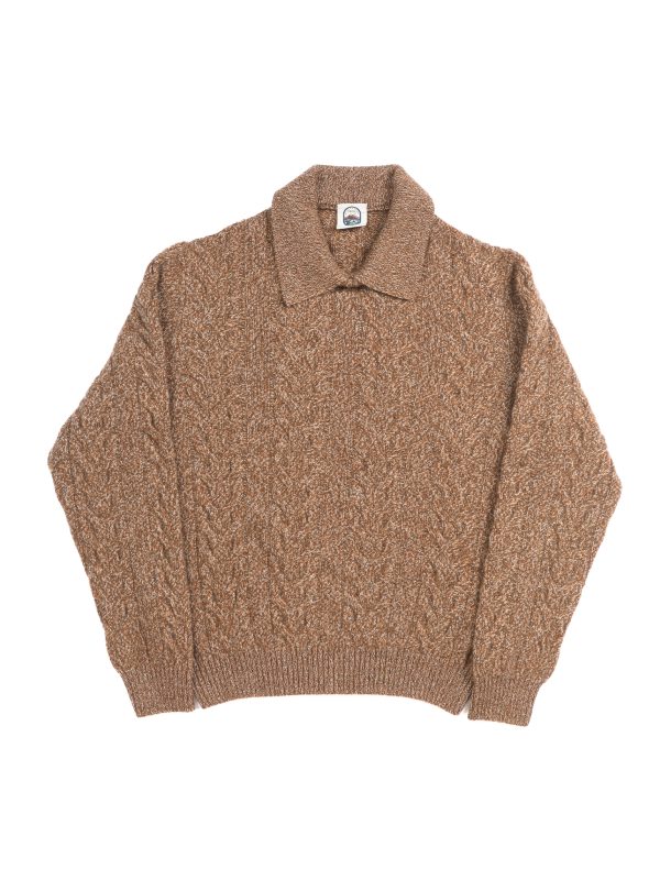 Front view of the NR NAPOLI FRANCIS brown mélange wool and cashmere sweater with cable knitting, an integrated polo-style collar and ribbed trims.