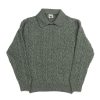 Front view of the NR NAPOLI FRANCIS green mélange wool and cashmere sweater with cable knitting, an integrated polo-style collar and ribbed trims.