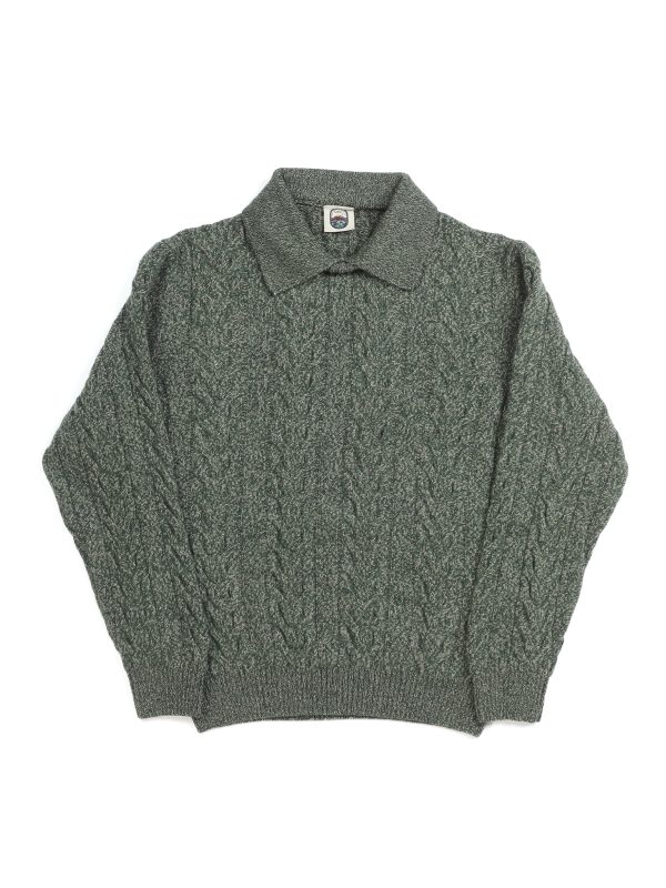 Front view of the NR NAPOLI FRANCIS green mélange wool and cashmere sweater with cable knitting, an integrated polo-style collar and ribbed trims.