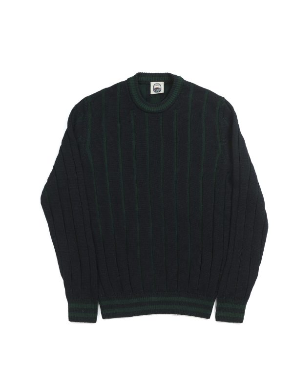 Front view of the NR NAPOLI GUIDO navy crewneck with green vertical stripes and contrasting details at the neckline, cuffs and hem.