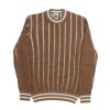 Front view of the NR NAPOLI GUIDO brown crewneck with beige vertical stripes and contrasting details at the neckline, cuffs and hem.
