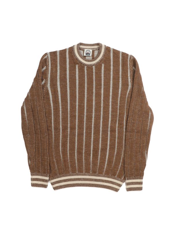 Front view of the NR NAPOLI GUIDO brown crewneck with beige vertical stripes and contrasting details at the neckline, cuffs and hem.