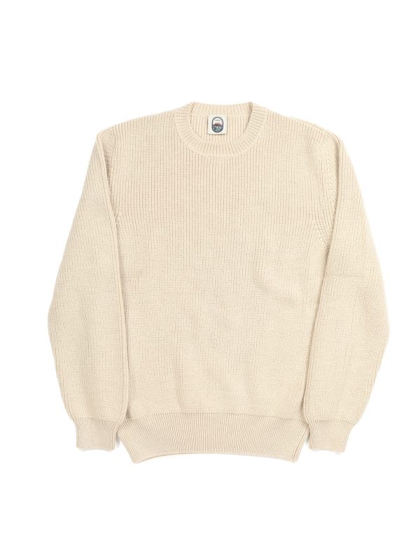 Front view of the NR NAPOLI JAMES cream Cashwool crewneck with English rib knitting, long sleeves and ribbed cuffs and hem.