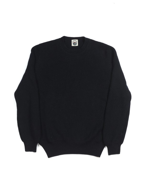 Front view of the NR NAPOLI JAMES navy Cashwool crewneck with English rib knitting, long sleeves and ribbed cuffs and hem.