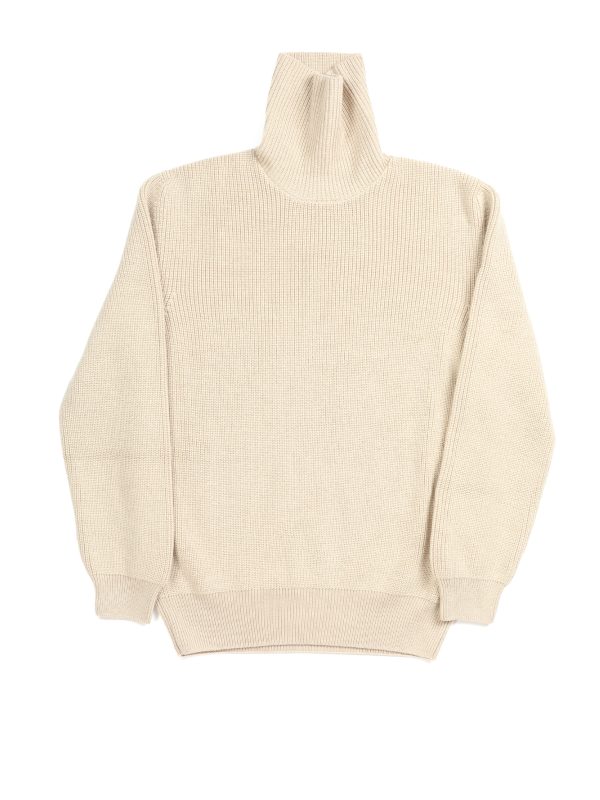 Front view of the NR NAPOLI JEAN cream rollneck sweater with English rib knitting, long sleeves and ribbed cuffs and hem