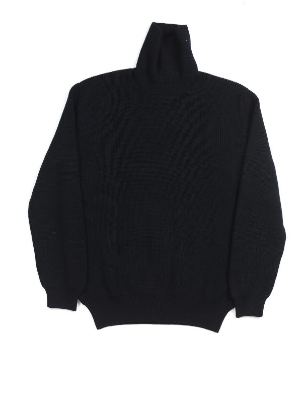 Front view of the NR NAPOLI JEAN navy rollneck sweater with English rib knitting, long sleeves and ribbed cuffs and hem.