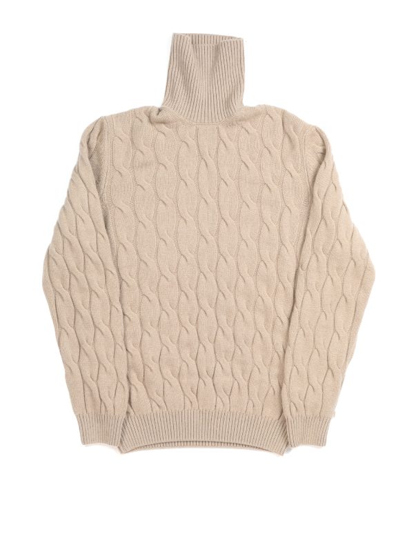 Front view of the NR NAPOLI JOHN beige wool and cashmere rollneck with a cable-knit pattern, long sleeves and ribbed cuffs and hem.