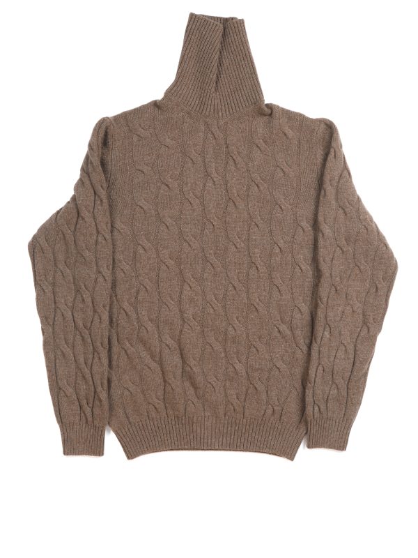 Front view of the NR NAPOLI JOHN brown wool and cashmere rollneck with a cable-knit pattern, long sleeves and ribbed cuffs and hem.