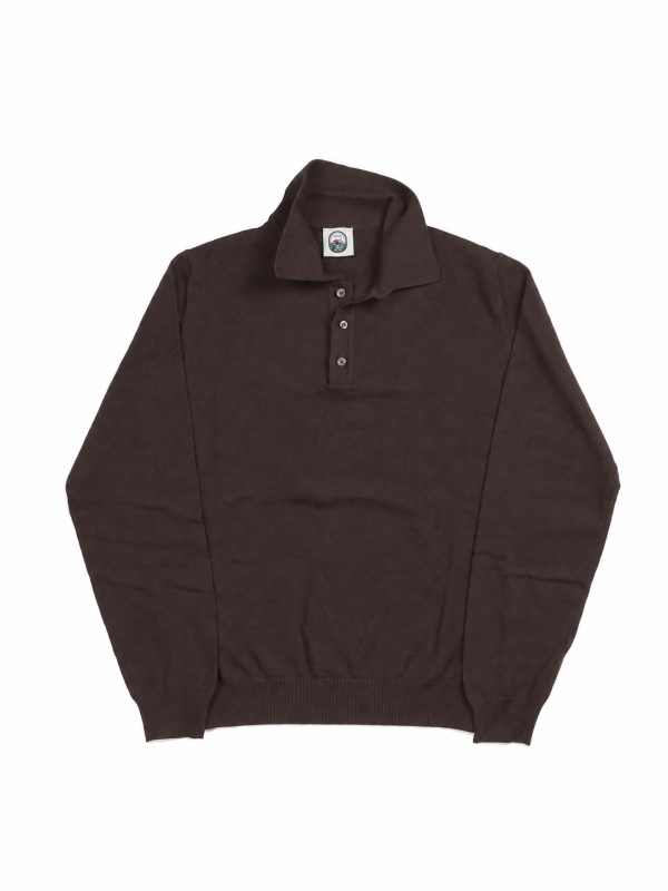 Front view of the NR NAPOLI ROCCO brown wool polo with a smooth knit, polo collar, three-button placket, long sleeves and ribbed trims.
