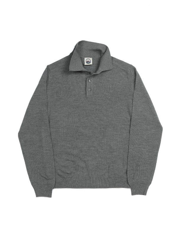 Front view of the NR NAPOLI ROCCO grey wool polo with a smooth knit, polo collar, three-button placket, long sleeves and ribbed trims.