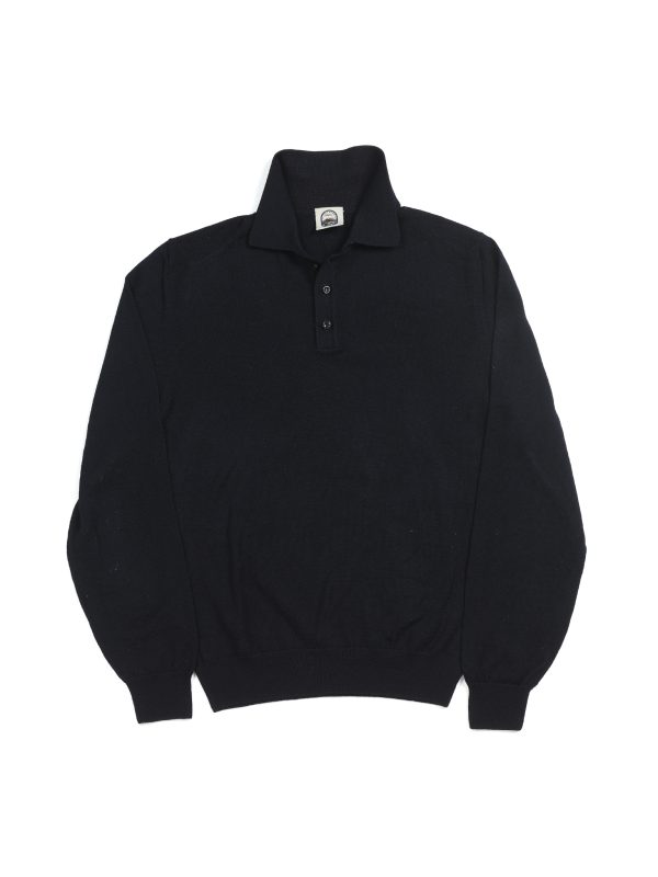 Front view of the NR NAPOLI ROCCO navy wool polo with a smooth knit, polo collar, three-button placket, long sleeves and ribbed trims.
