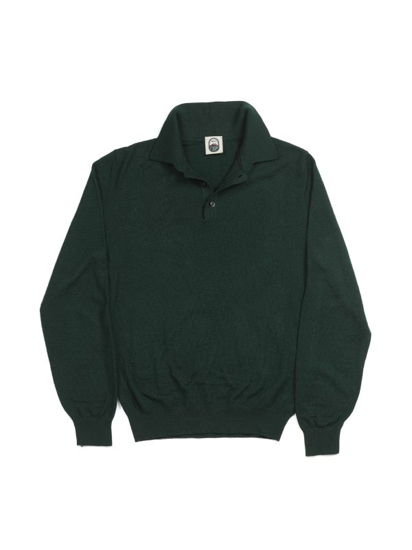 Front view of the NR NAPOLI ROCCO green wool polo with a smooth knit, polo collar, three-button placket, long sleeves and ribbed trims.