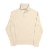 Front view of the NR NAPOLI ROMEO beige wool polo with fine cable knitting, a three-button placket, long sleeves and ribbed trims.