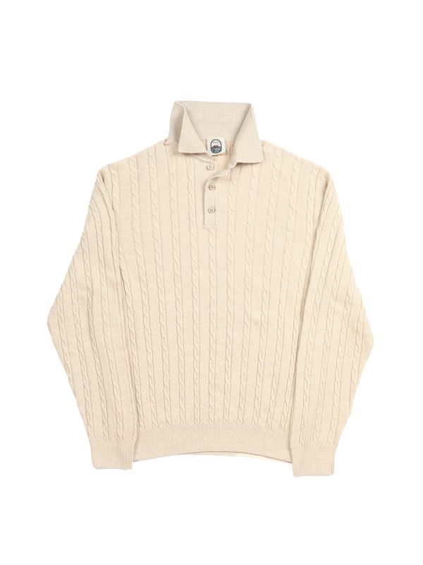 Front view of the NR NAPOLI ROMEO beige wool polo with fine cable knitting, a three-button placket, long sleeves and ribbed trims.