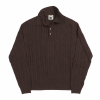 Front view of the NR NAPOLI ROMEO brown wool polo with fine cable knitting, a three-button placket, long sleeves and ribbed trims.