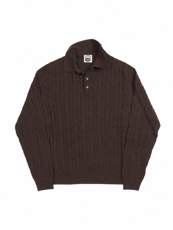 Front view of the NR NAPOLI ROMEO brown wool polo with fine cable knitting, a three-button placket, long sleeves and ribbed trims.