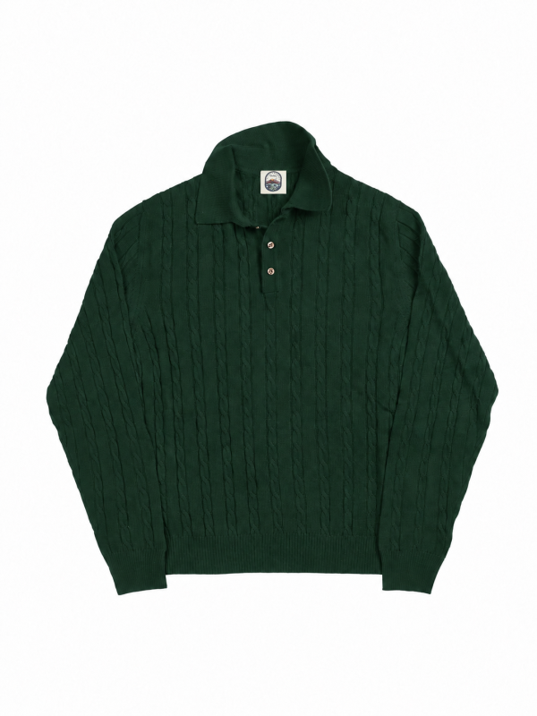 Front view of the NR NAPOLI ROMEO green wool polo with fine cable knitting, a three-button placket, long sleeves and ribbed trims.
