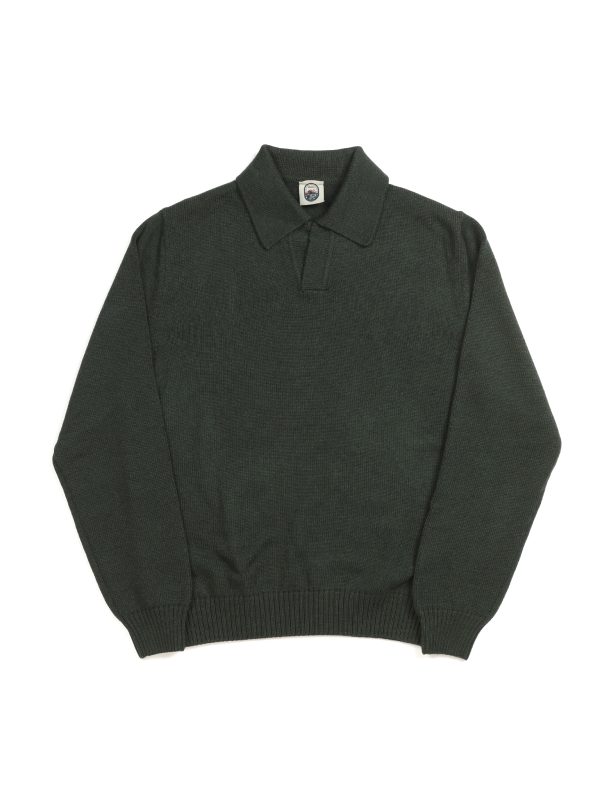Front view of the NR NAPOLI SEAN green Cashwool polo with a smooth knit, a generous open collar, a buttonless neckline, long sleeves and ribbed trims.