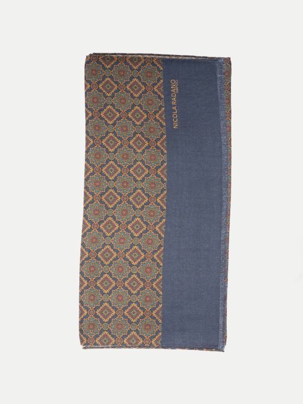 ⁠Geometric Medallion Wool/Silk Scarf – Indigo Blue
