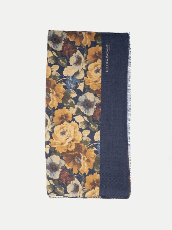 Botanical Floral Wool/Silk Scarf – Navy Gold