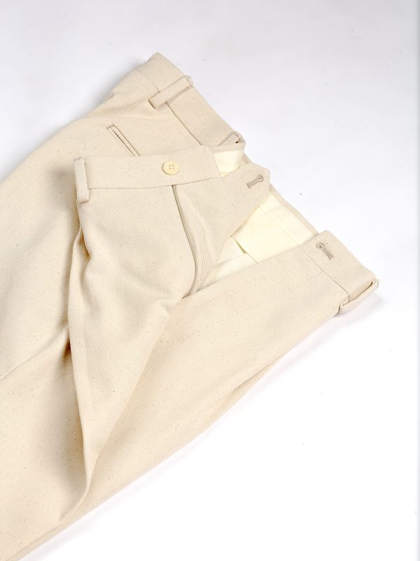 NR Napoli NRP Mod. 3 ecru denim trousers with open waistband, showing the interior construction and denim texture.