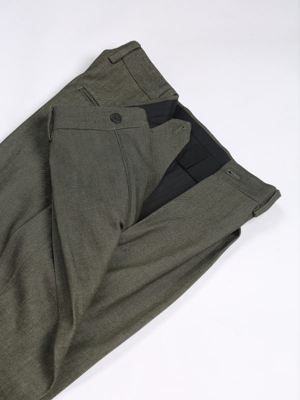 NR Napoli NRP Mod. 3 green trousers with open waistband, showing the interior construction and fabric texture.