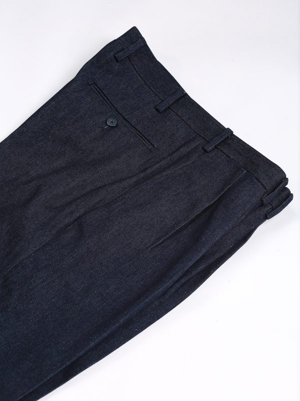 NR Napoli NRP Mod. 3 indigo denim trousers, folded to show the belt loops and back pocket.