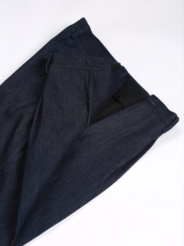 NR Napoli NRP Mod. 3 indigo denim trousers with open waistband, showing the interior construction and denim texture.