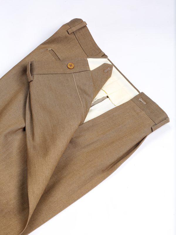 NR Napoli NRP Mod. 3 tan trousers with open waistband, showing the interior construction and fabric texture.