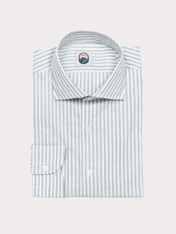 Furio Spread Collar Shirt – Green Broad Stripe Poplin