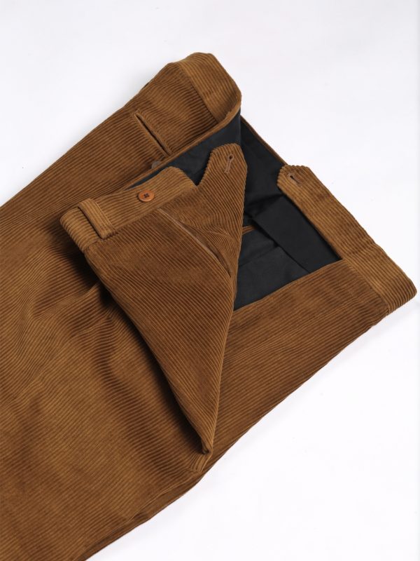 NR Napoli NRP Mod. 1 tobacco corduroy trousers with open waistband, showing the interior lining and corduroy texture.