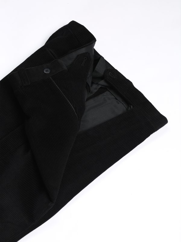 NR Napoli NRP Mod. 1 black corduroy trousers with open waistband, showing the interior lining and corduroy texture.
