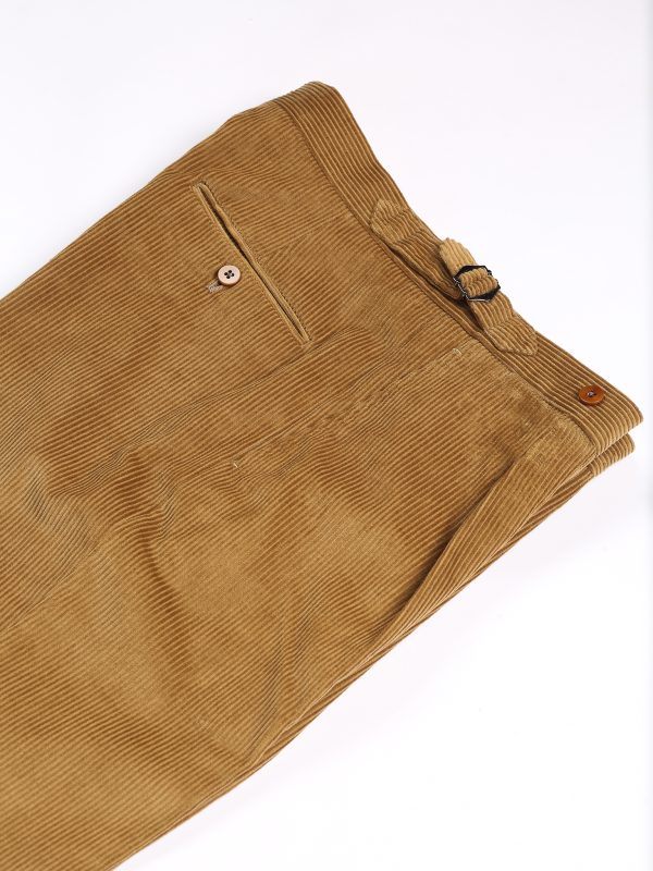 NR Napoli NRP Mod. 1 camel corduroy trousers, folded to show the side adjuster and buttoned back pocket.