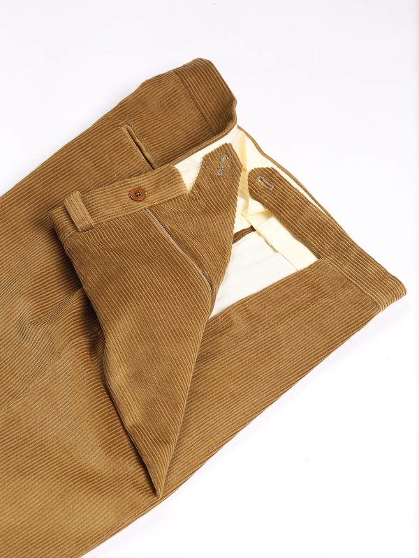 NR Napoli NRP Mod. 1 camel corduroy trousers with open waistband, showing the interior lining and corduroy texture.