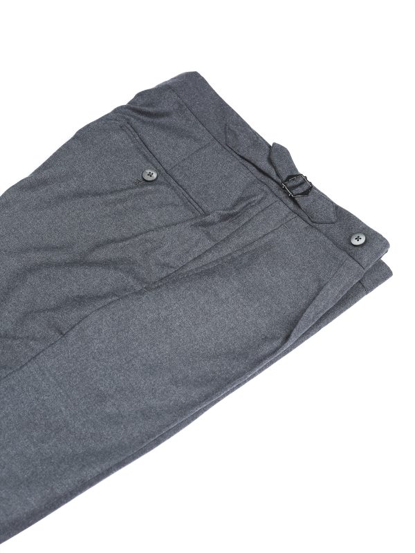 NR Napoli NRP Mod. 1 charcoal gray flannel trousers, folded to show the side adjuster and buttoned back pocket.
