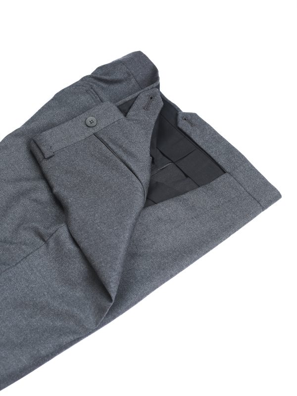 NR Napoli NRP Mod. 1 charcoal gray flannel trousers with open waistband, showing the interior lining and flannel texture.