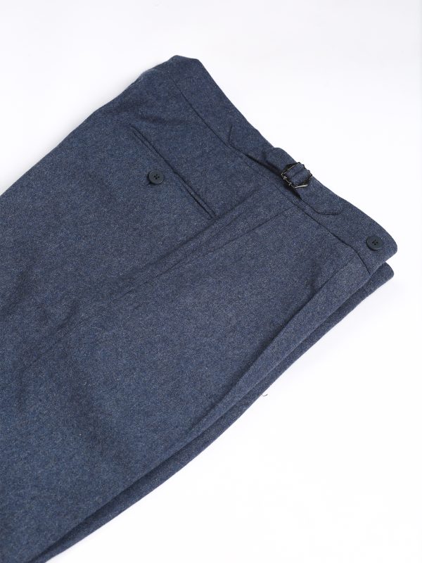 NR Napoli NRP Mod. 1 indigo flannel trousers with open waistband, showing the interior lining and flannel texture.