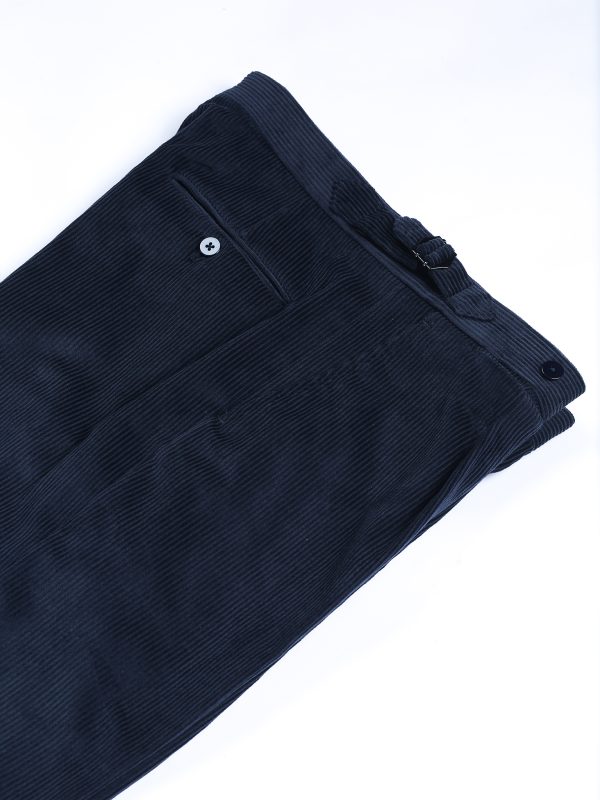 NR Napoli NRP Mod. 1 navy corduroy trousers, folded to show the side adjuster and buttoned back pocket.