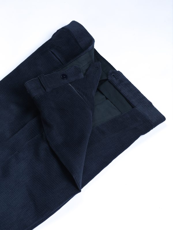 NR Napoli NRP Mod. 1 navy corduroy trousers with open waistband, showing the interior lining and corduroy texture.