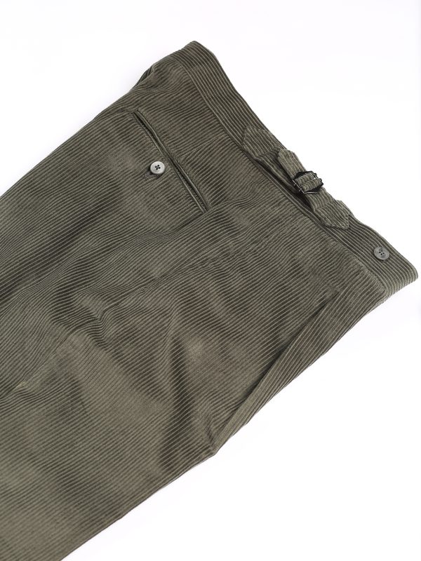 NR Napoli NRP Mod. 1 olive corduroy trousers, folded to show the side adjuster and buttoned back pocket.