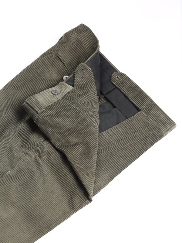 NR Napoli NRP Mod. 1 olive corduroy trousers with open waistband, showing the interior lining and corduroy texture.
