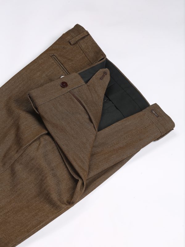 NR Napoli NRP Mod. 3 dark brown trousers with open waistband, showing the interior construction and fabric texture.