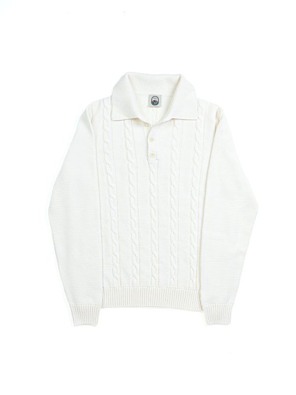 NR NAPOLI NISIDA ivory Cashwool polo with a cable-knit front, smooth long sleeves and three-button placket, shown on a white background.