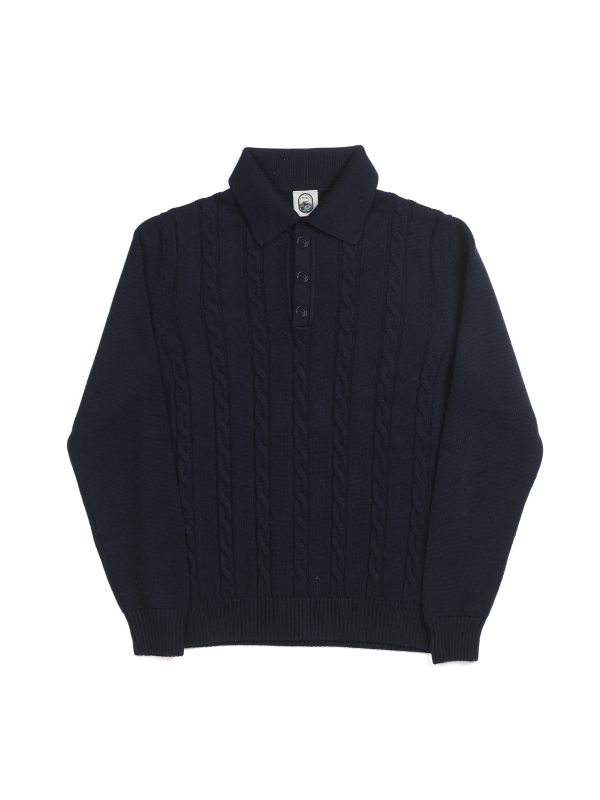 NR NAPOLI NISIDA navy Cashwool polo with a cable-knit front, smooth long sleeves and three-button placket, shown on a white background.