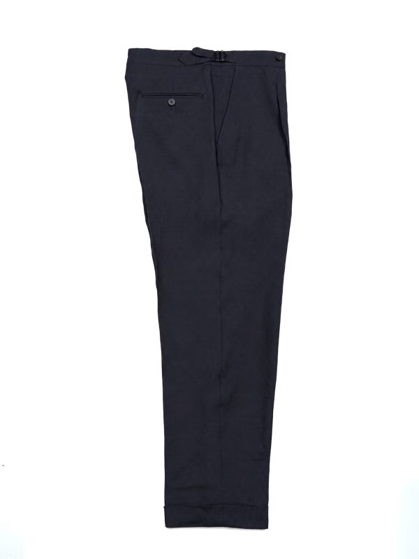 Navy NRP Mod. 1 wool trousers laid flat, showing the single front pleat and straight leg.