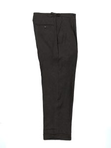 Grey NRP Mod. 1 wool trousers laid flat, showing the front pleat and straight leg.