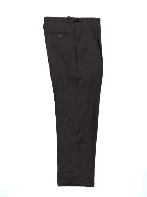 Grey NRP Mod. 1 wool trousers laid flat, showing the front pleat and straight leg.
